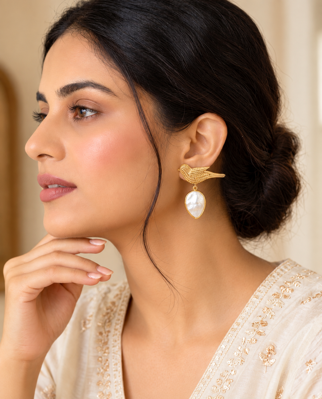 Golden Bird Drop Earrings with Stone Teardrop