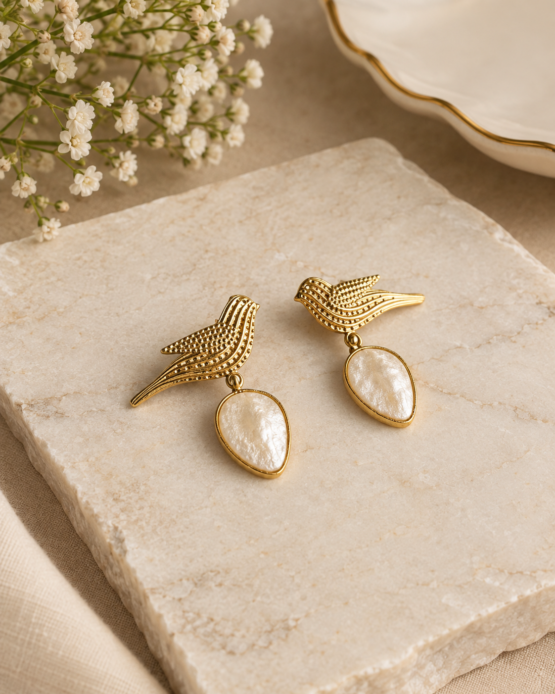 Golden Bird Drop Earrings with Stone Teardrop