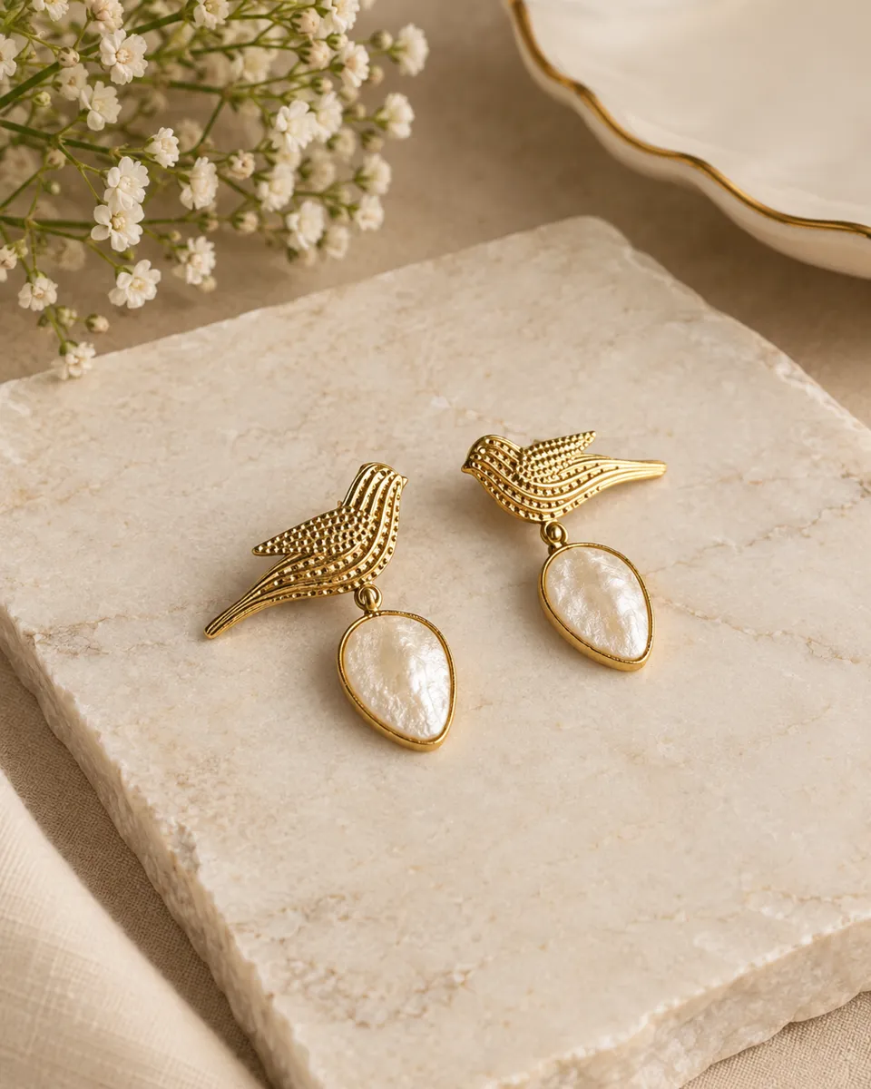Golden Bird Drop Earrings with Stone Teardrop