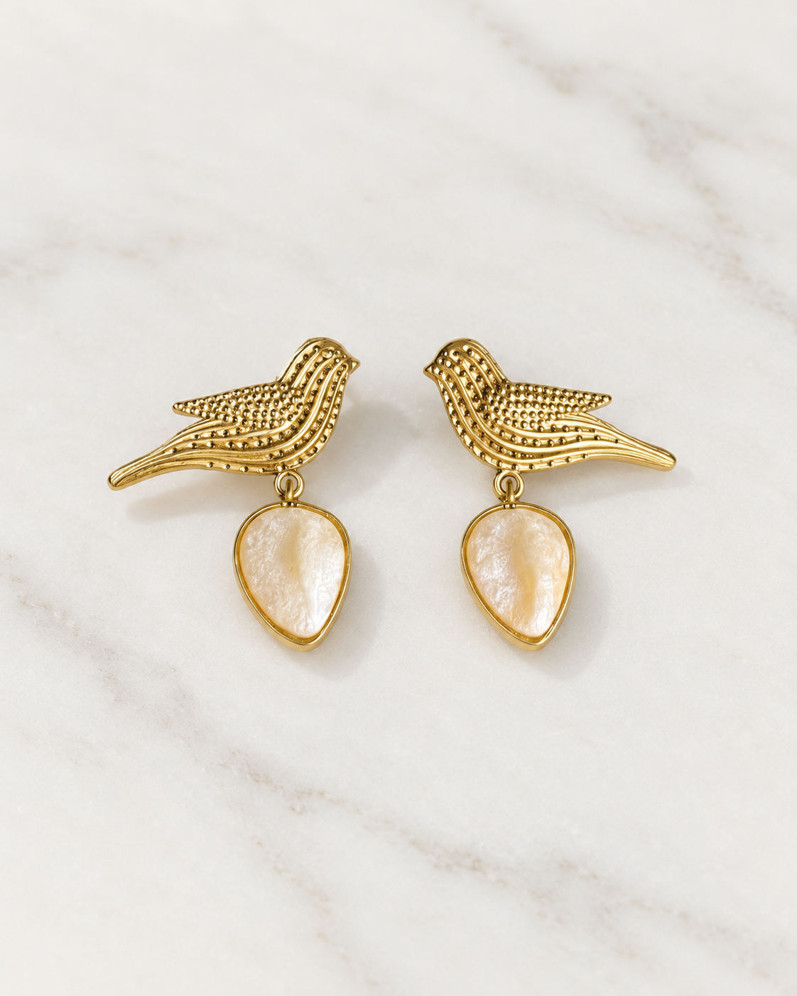 Golden Bird Drop Earrings with Stone Teardrop