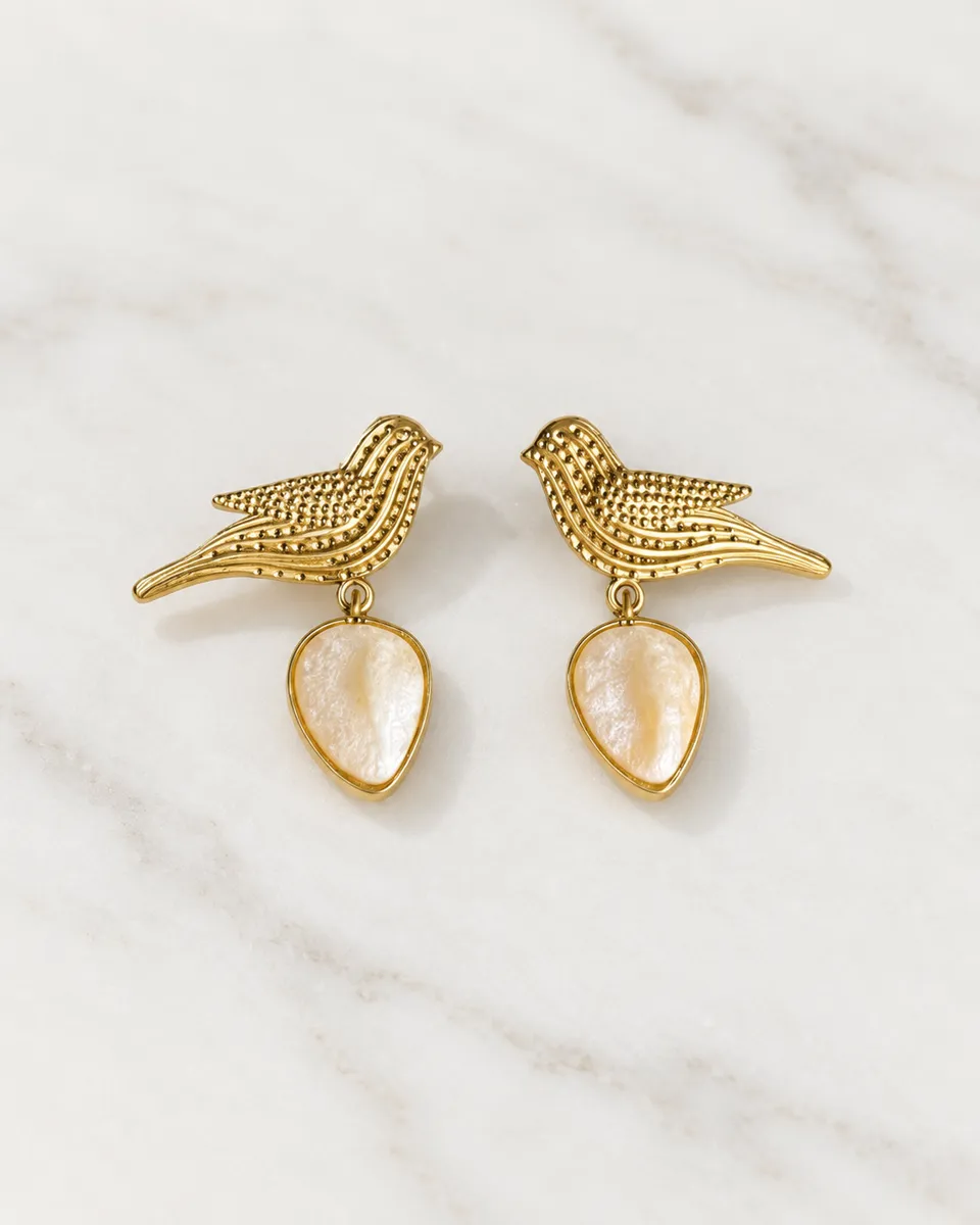 Golden Bird Drop Earrings with Stone Teardrop