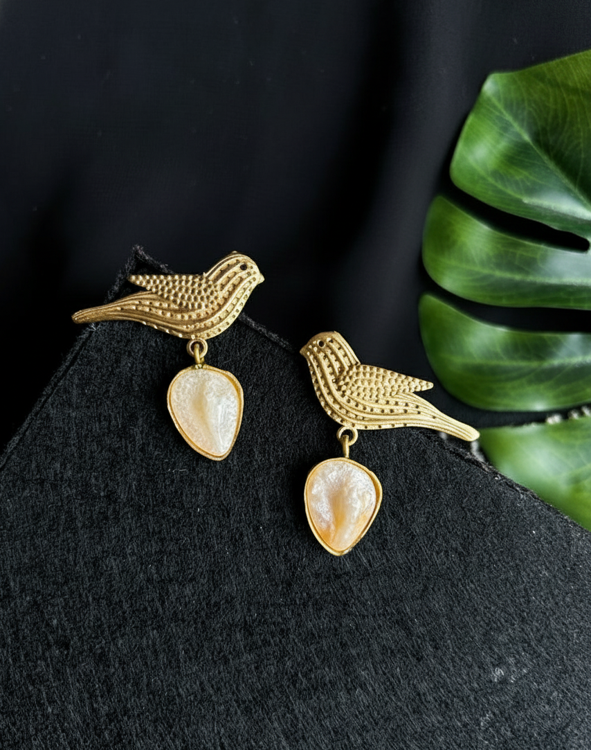 Golden Bird Drop Earrings with Stone Teardrop