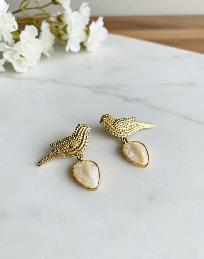 Golden Bird Drop Earrings with Stone Teardrop