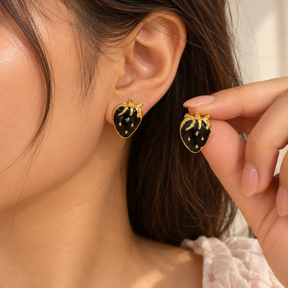 Midnight Berry Strawberry Stud Earrings – Gold Plated 304 Stainless Steel with Enamel