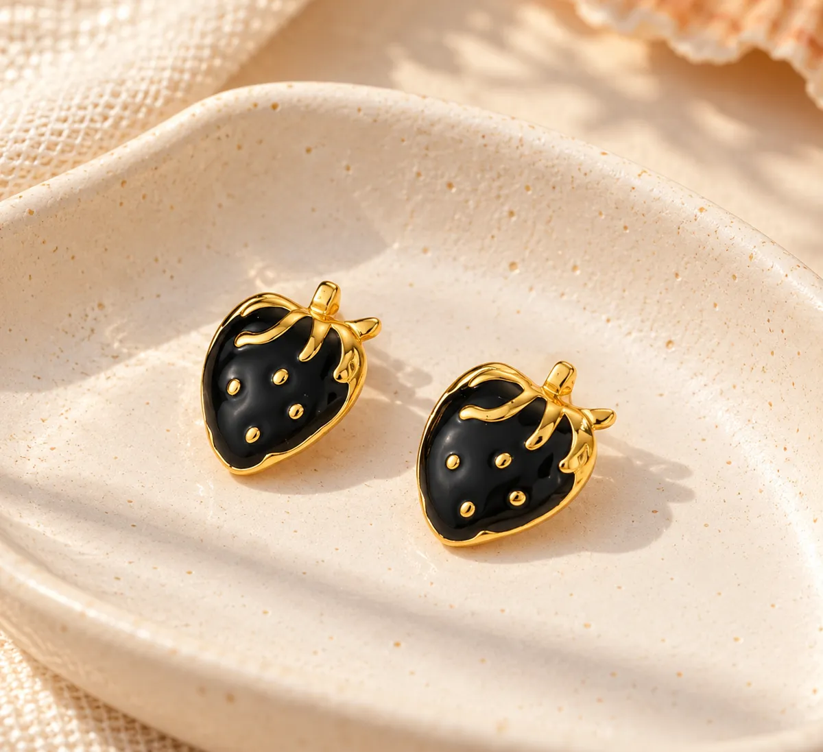 Midnight Berry Strawberry Stud Earrings – Gold Plated 304 Stainless Steel with Enamel