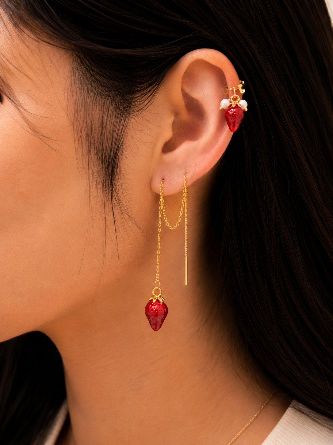 Picnic Date Strawberry Stud & Threader Duo – Gold-Plated Alloy | 2 Pairs