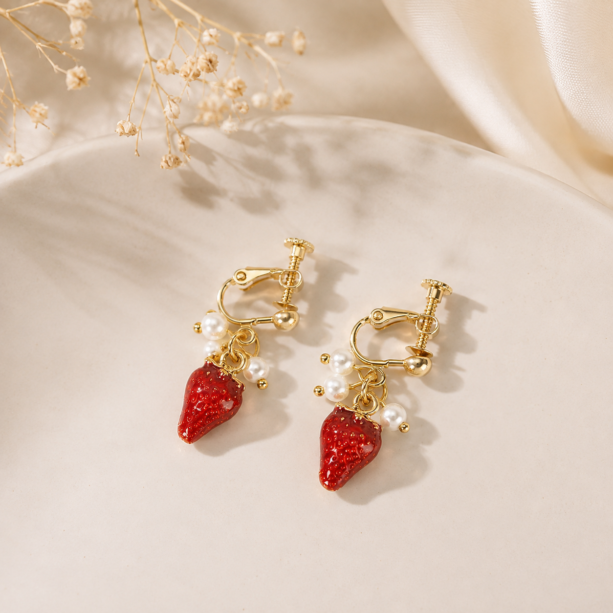 Picnic Date Strawberry Stud & Threader Duo – Gold-Plated Alloy | 2 Pairs