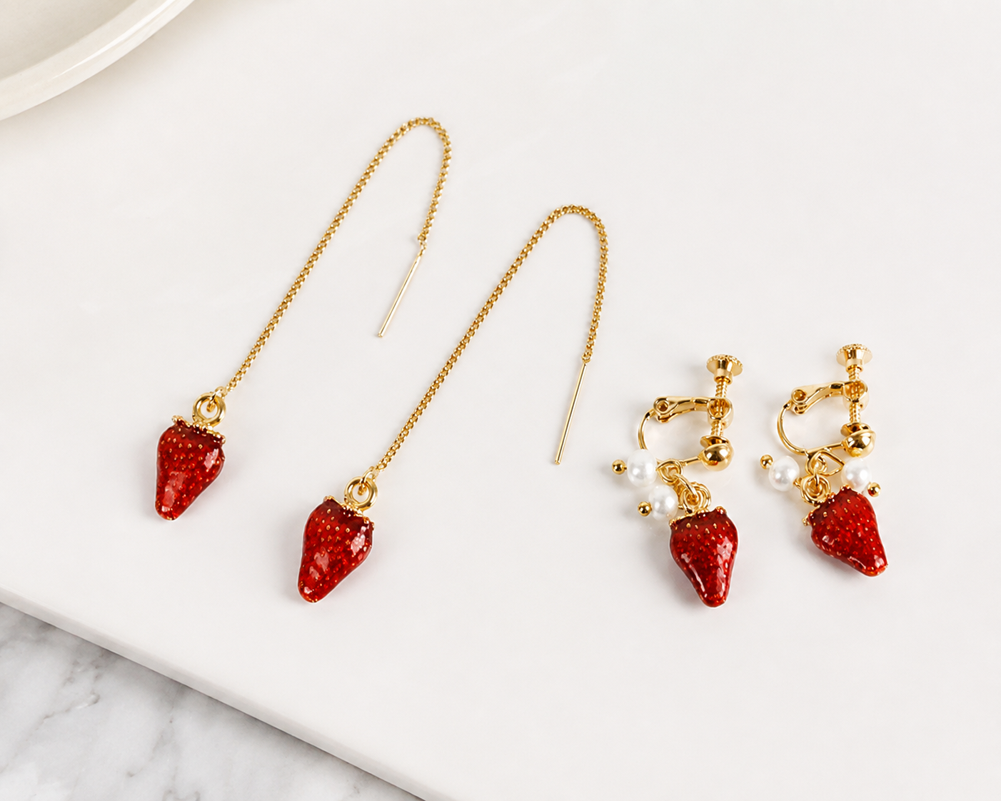 Picnic Date Strawberry Stud & Threader Duo – Gold-Plated Alloy | 2 Pairs