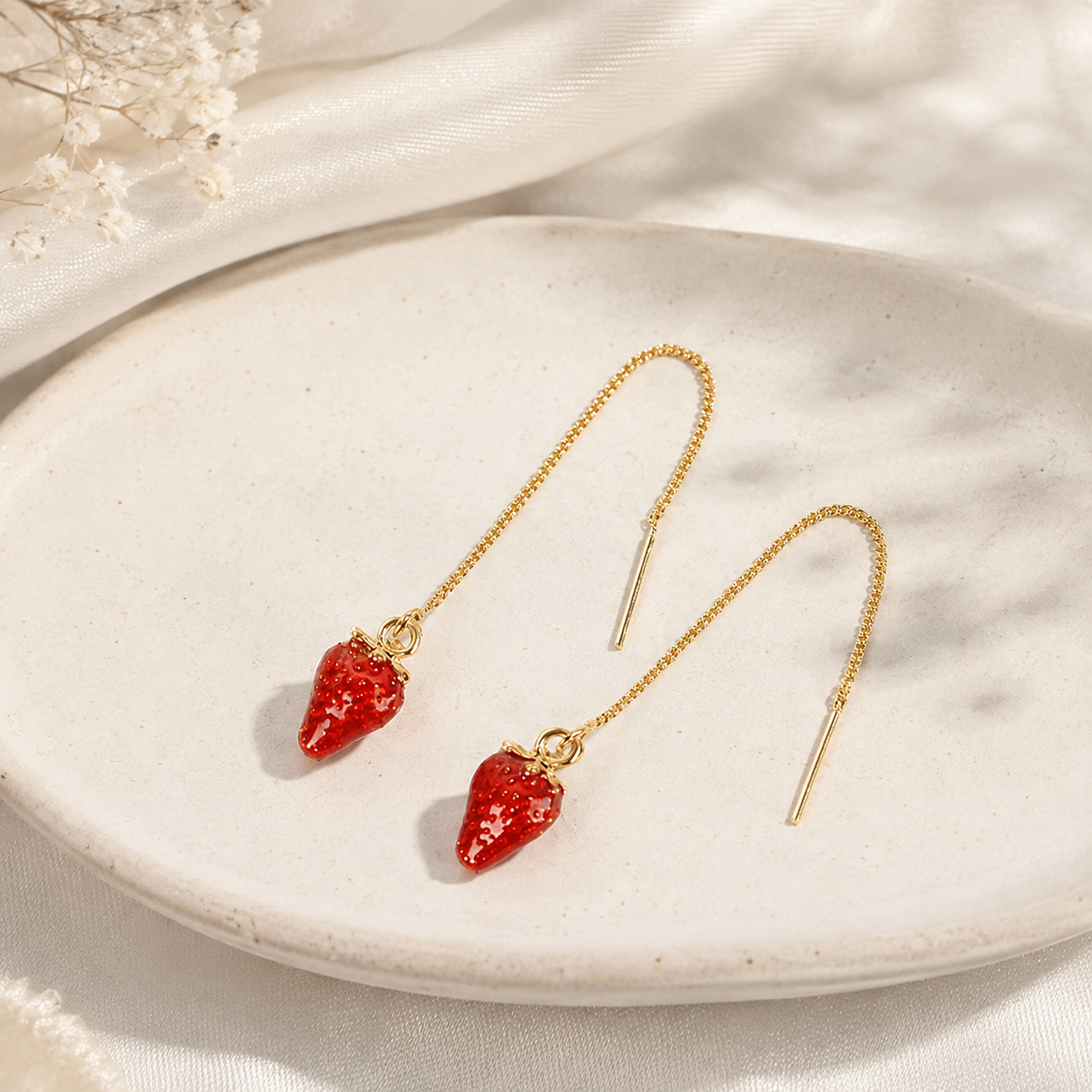 Picnic Date Strawberry Stud & Threader Duo – Gold-Plated Alloy | 2 Pairs