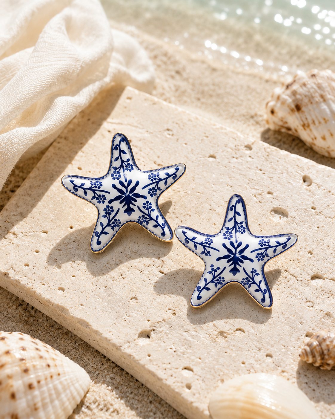 Santorini Summer Porcelain Starfish Stud Earrings – Blue Enamel with 304 Stainless Steel Posts