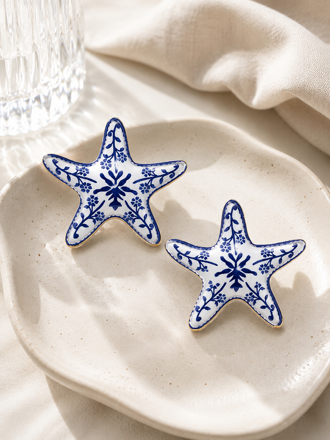 Santorini Summer Porcelain Starfish Stud Earrings – Blue Enamel with 304 Stainless Steel Posts