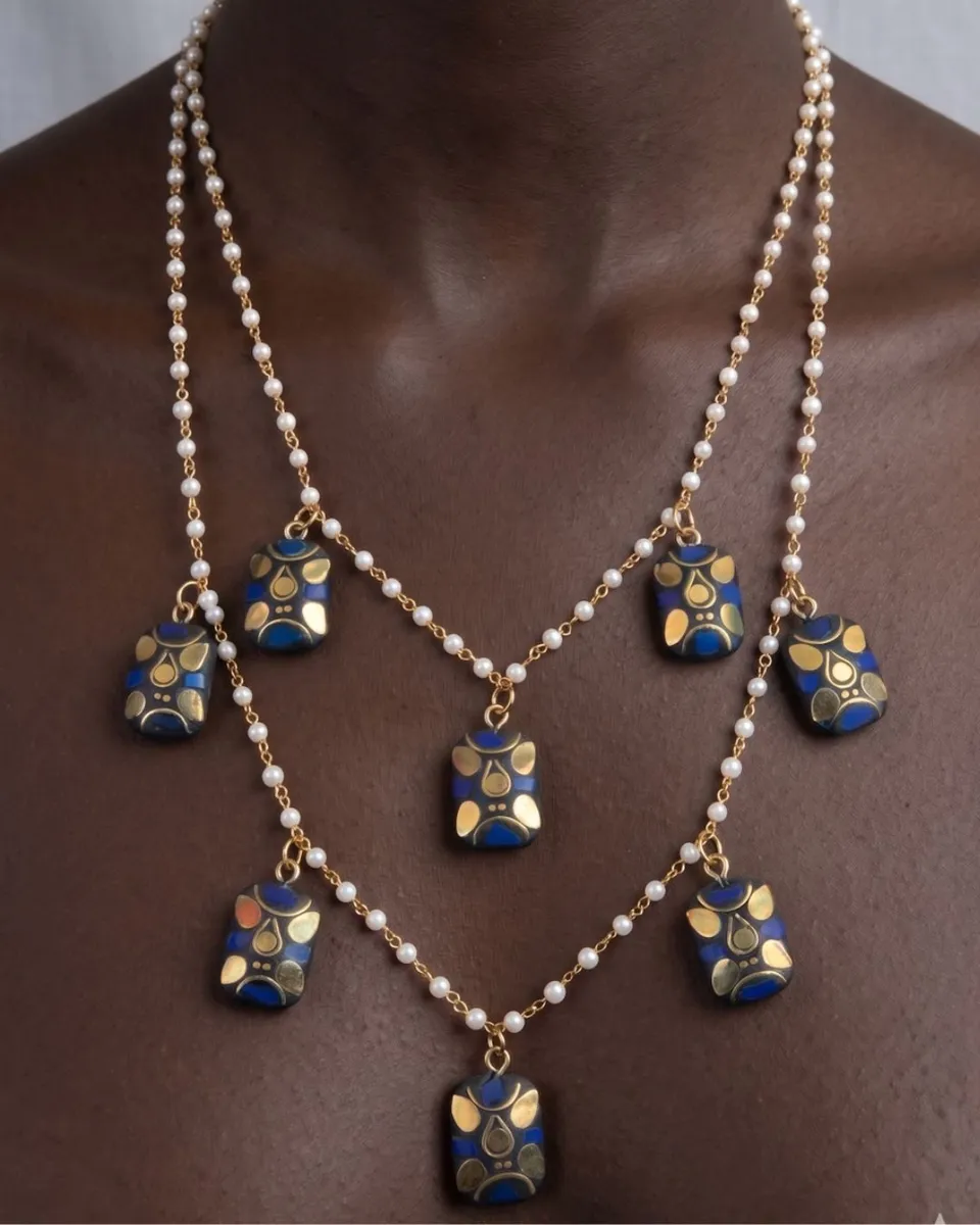 Artisan Cobalt Blue Mosaic Geometric Tiered Necklace – Gold-Tone Double Layered Pearl Chain