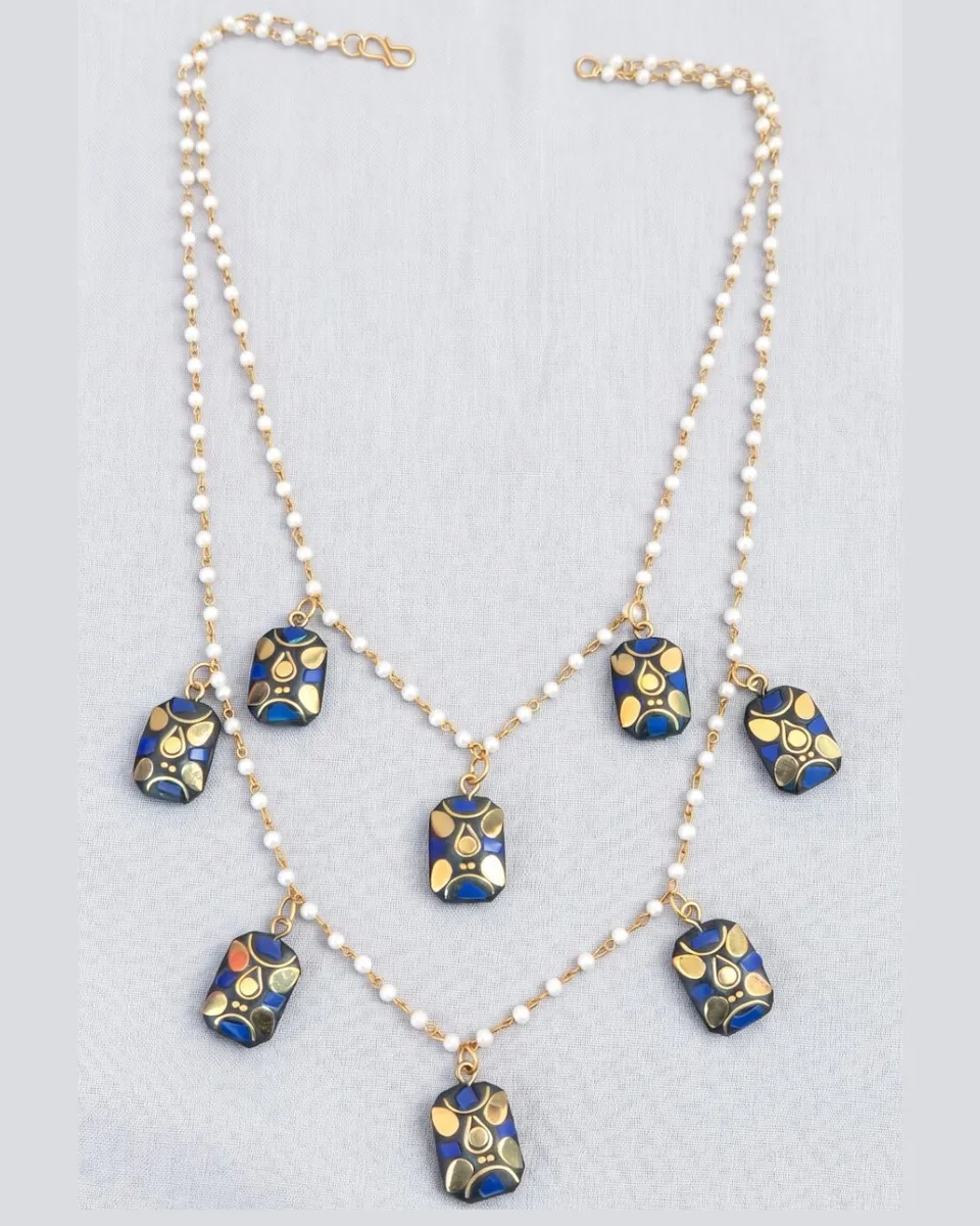 Artisan Cobalt Blue Mosaic Geometric Tiered Necklace – Gold-Tone Double Layered Pearl Chain