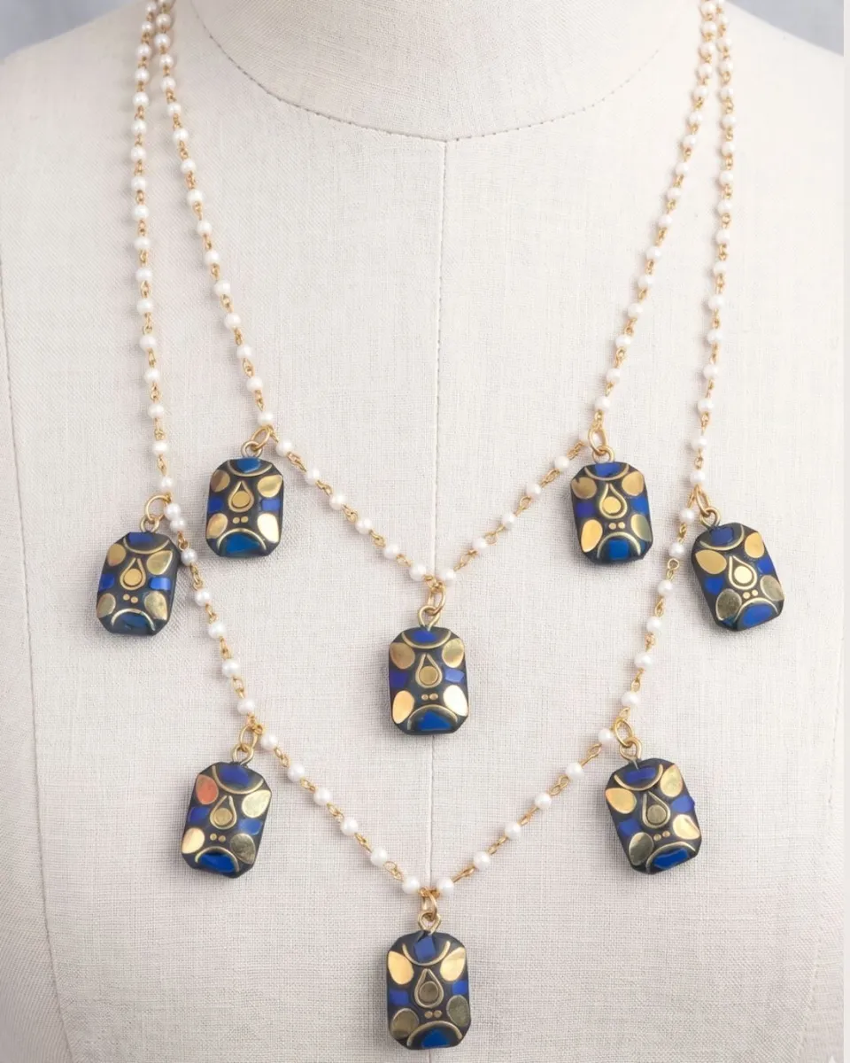 Artisan Cobalt Blue Mosaic Geometric Tiered Necklace – Gold-Tone Double Layered Pearl Chain