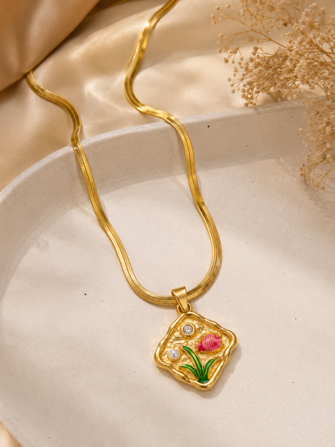 Koi Pond Enamel Fish & Pearl Herringbone Chain Necklace – 304 Stainless Steel Pendant & Chain | PVD Coated