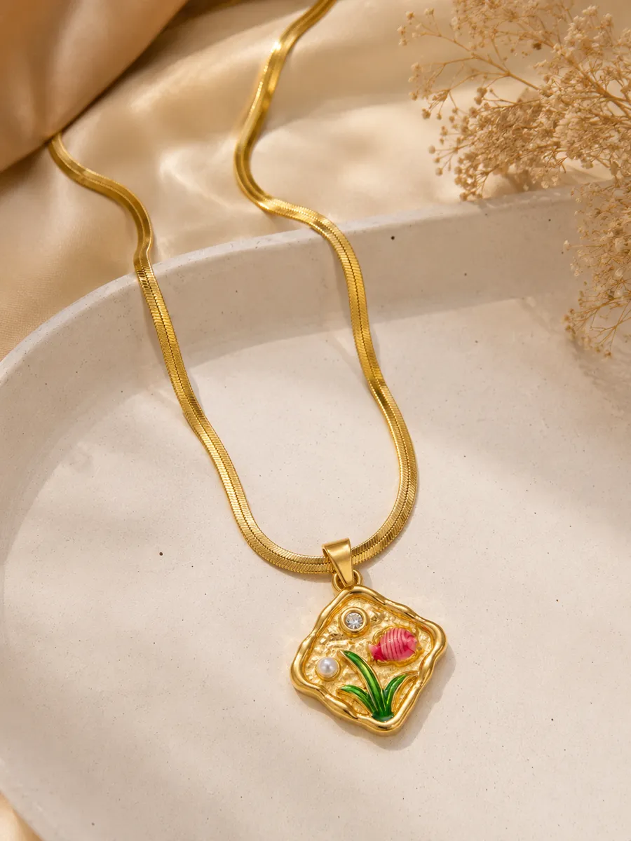 Koi Pond Enamel Fish & Pearl Herringbone Chain Necklace – 304 Stainless Steel Pendant & Chain | PVD Coated