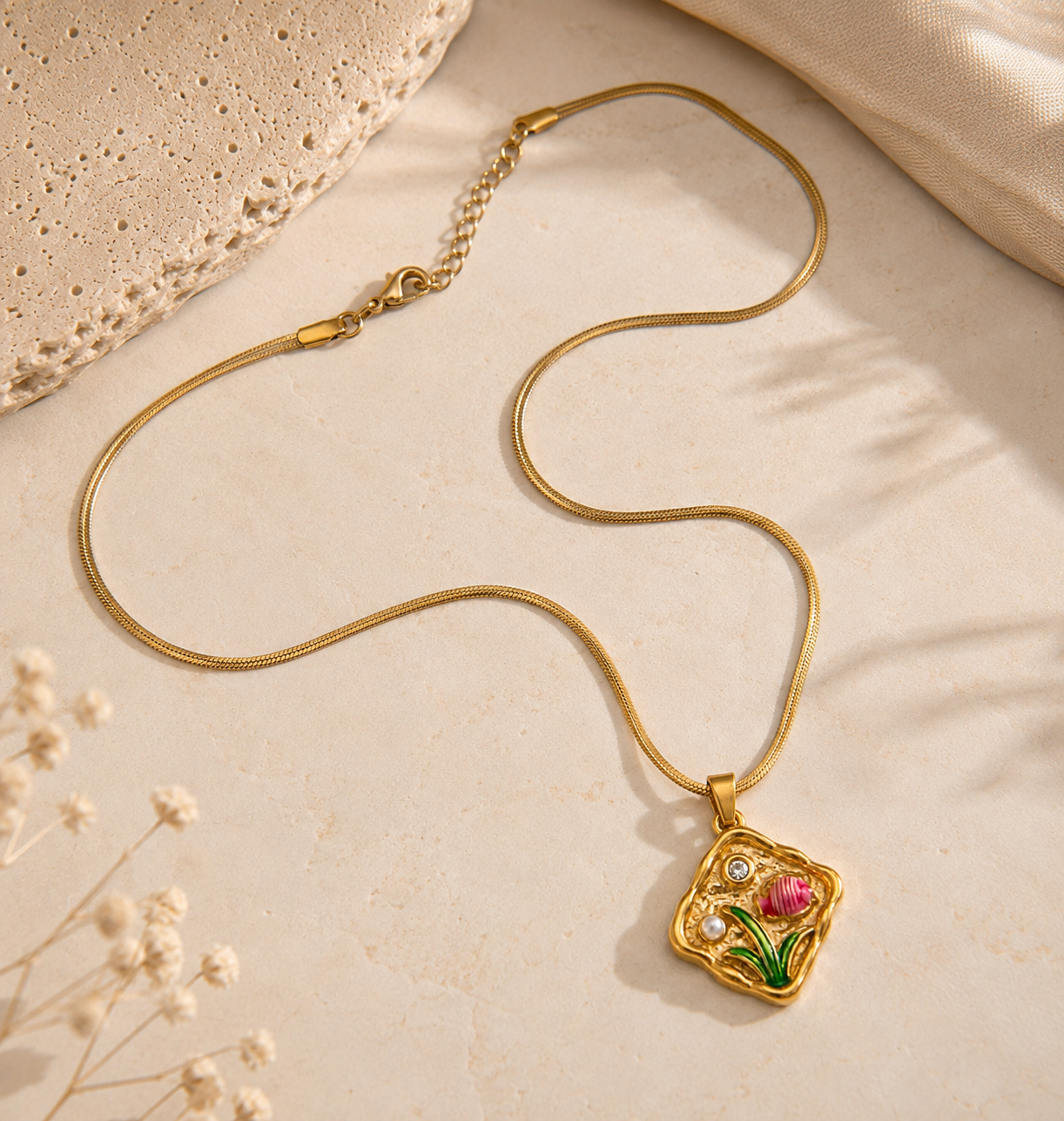 Koi Pond Enamel Fish & Pearl Snake Chain Necklace – 304 Stainless Steel Pendant & Chain | PVD Coated