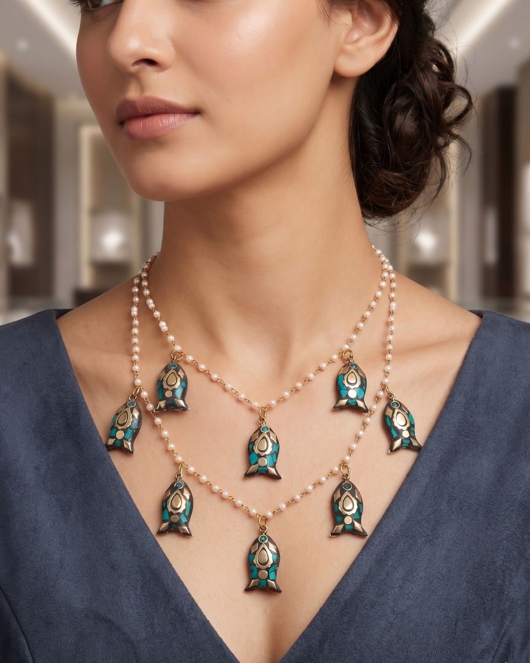Bohemian Turquoise & Pearl Tiered Multilayer Pearl and Turquoise Boho Pendant Necklace Set