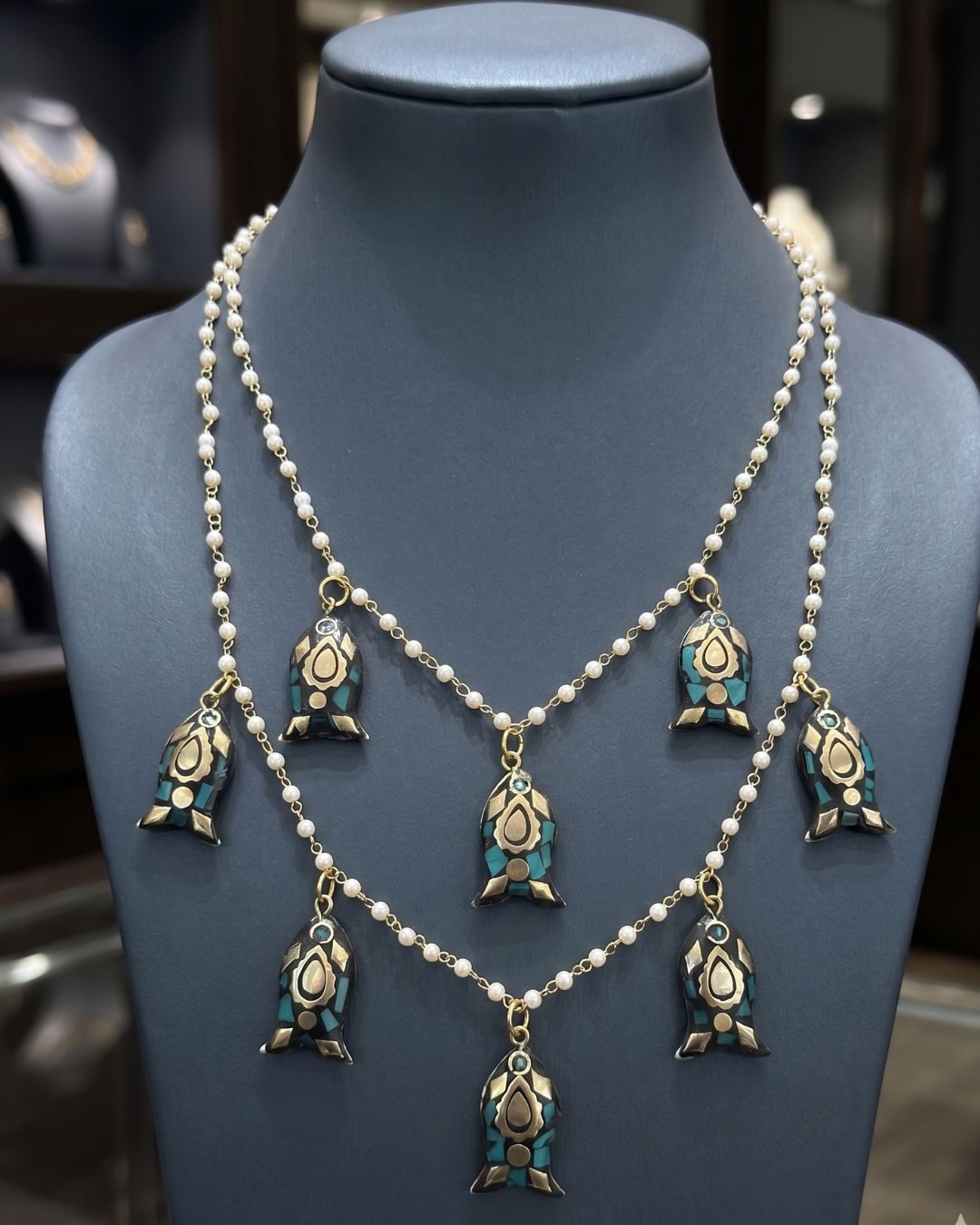 Bohemian Turquoise & Pearl Tiered Multilayer Pearl and Turquoise Boho Pendant Necklace Set