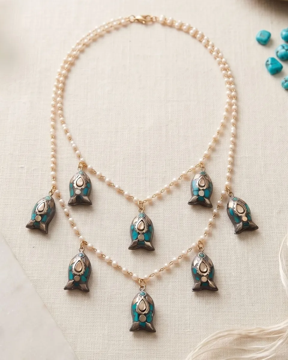 Bohemian Turquoise & Pearl Tiered Multilayer Pearl and Turquoise Boho Pendant Necklace Set