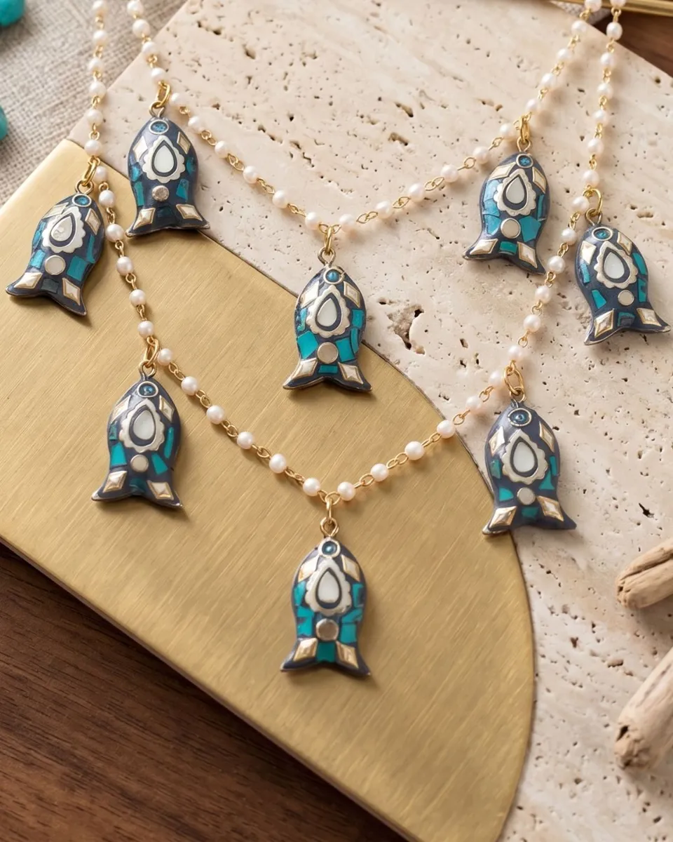 Bohemian Turquoise & Pearl Tiered Multilayer Pearl and Turquoise Boho Pendant Necklace Set