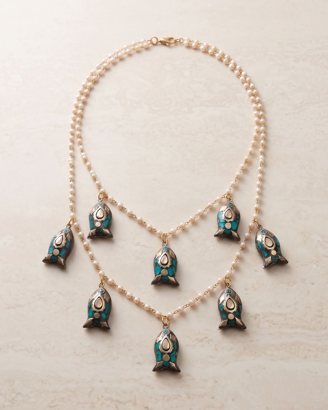 Bohemian Turquoise & Pearl Tiered Multilayer Pearl and Turquoise Boho Pendant Necklace Set