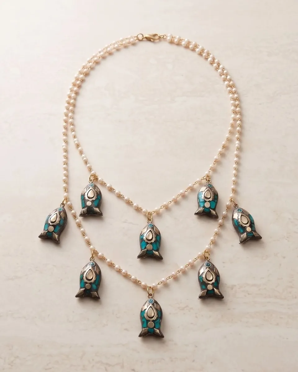Bohemian Turquoise & Pearl Tiered Multilayer Pearl and Turquoise Boho Pendant Necklace Set