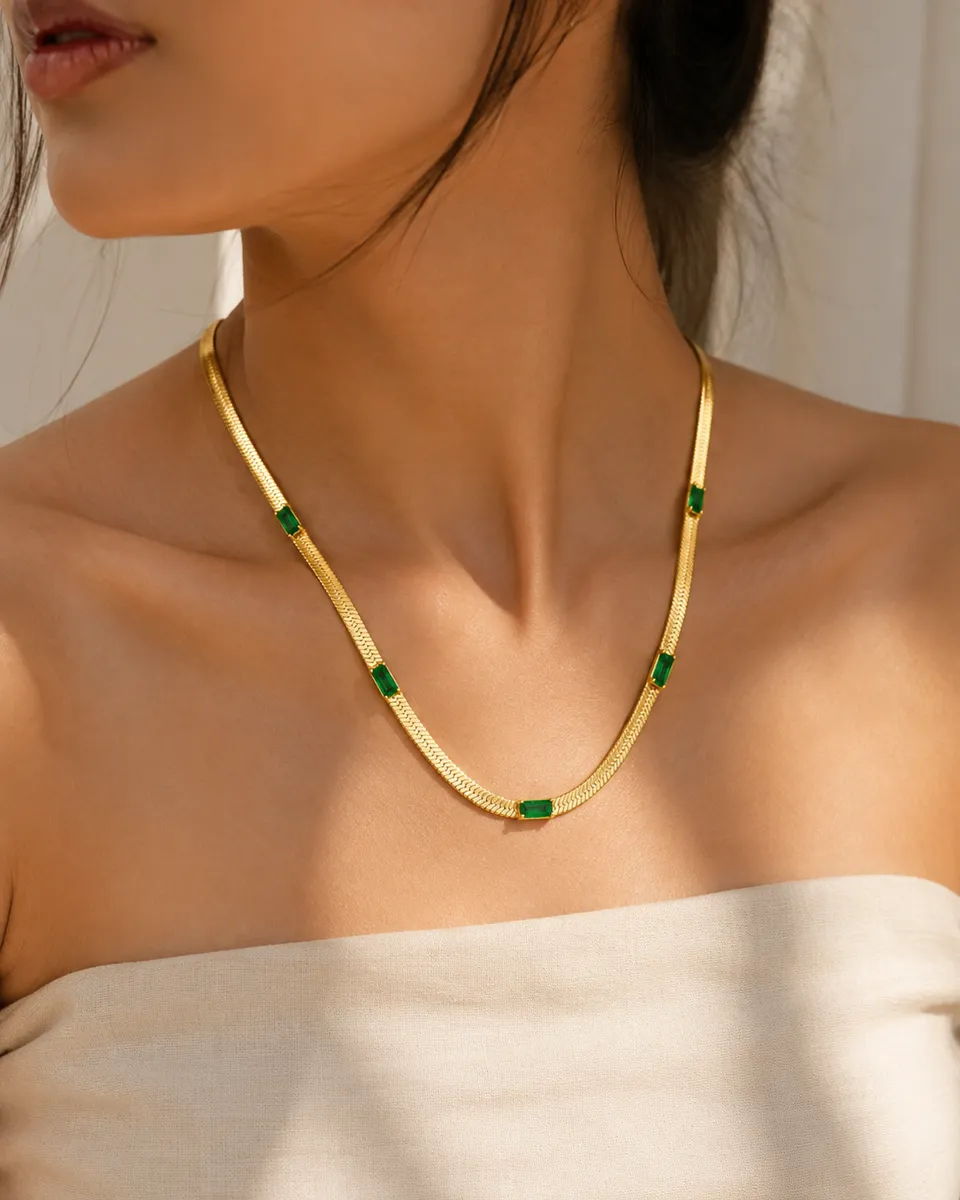 Emerald Glow Dainty Stone Necklace