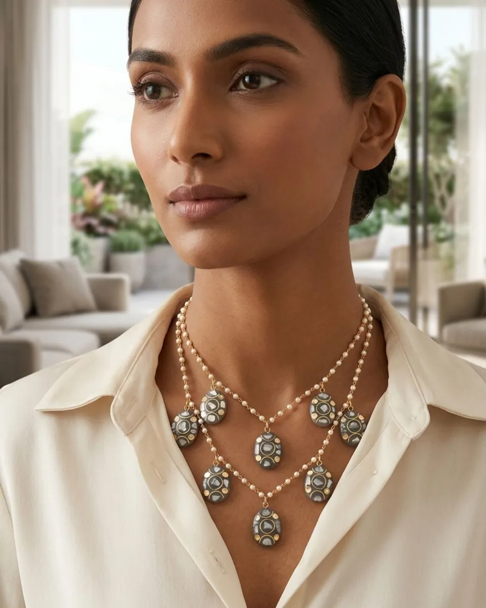 Handcrafted Boho Double-Layered Pearl Chain Necklace with Inlay Mosaic Charms