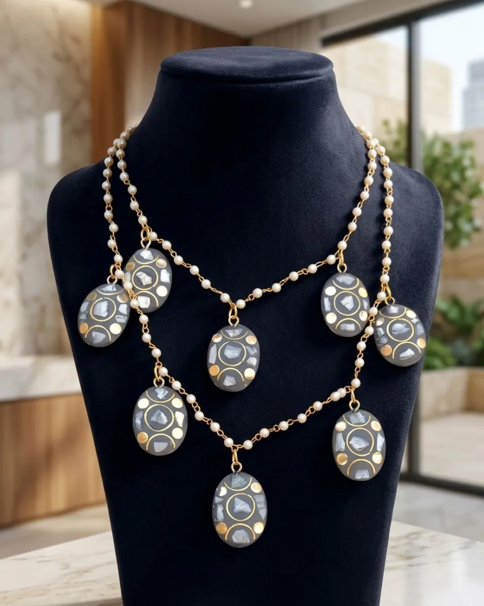 Handcrafted Boho Double-Layered Pearl Chain Necklace with Inlay Mosaic Charms