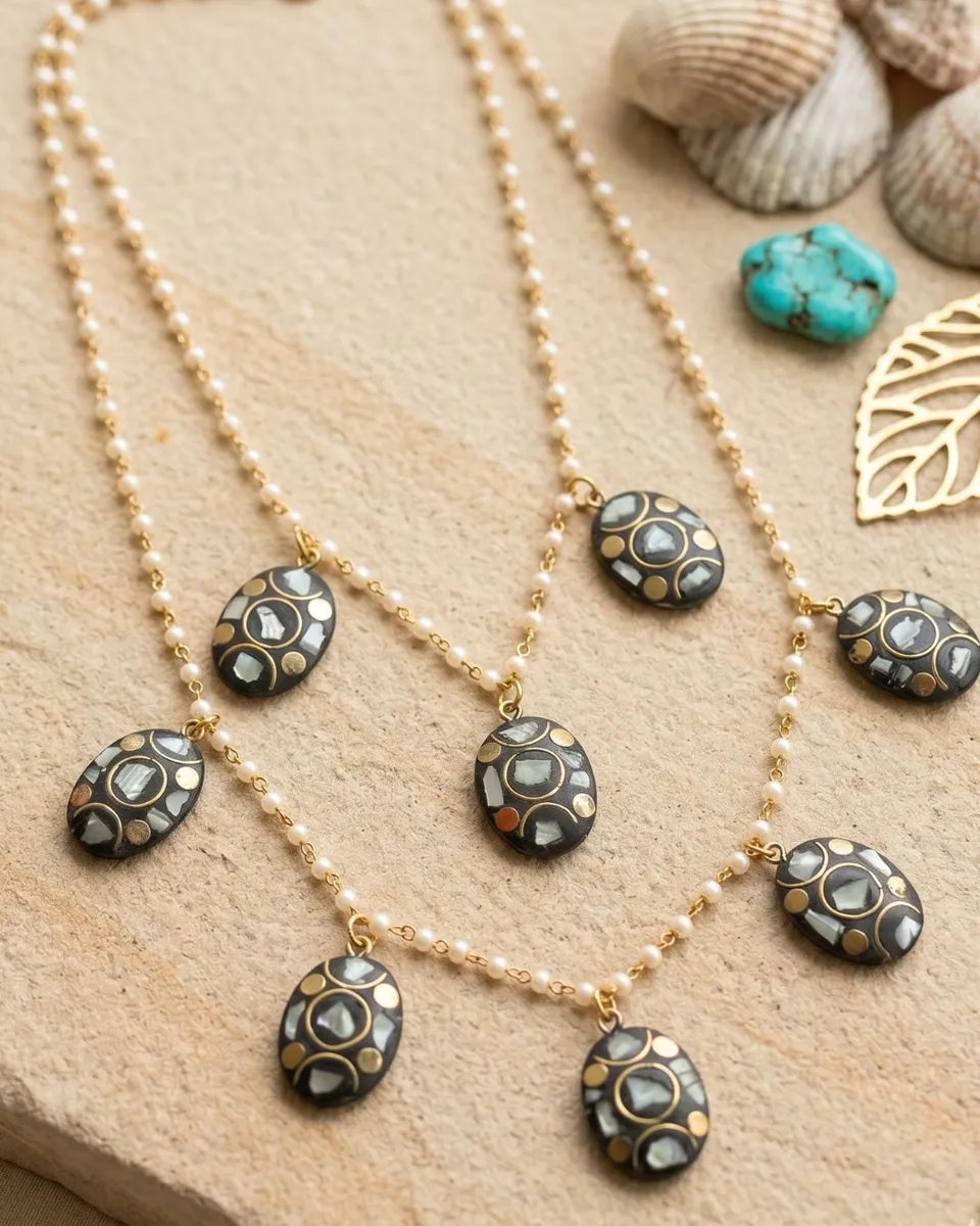 Handcrafted Boho Double-Layered Pearl Chain Necklace with Inlay Mosaic Charms