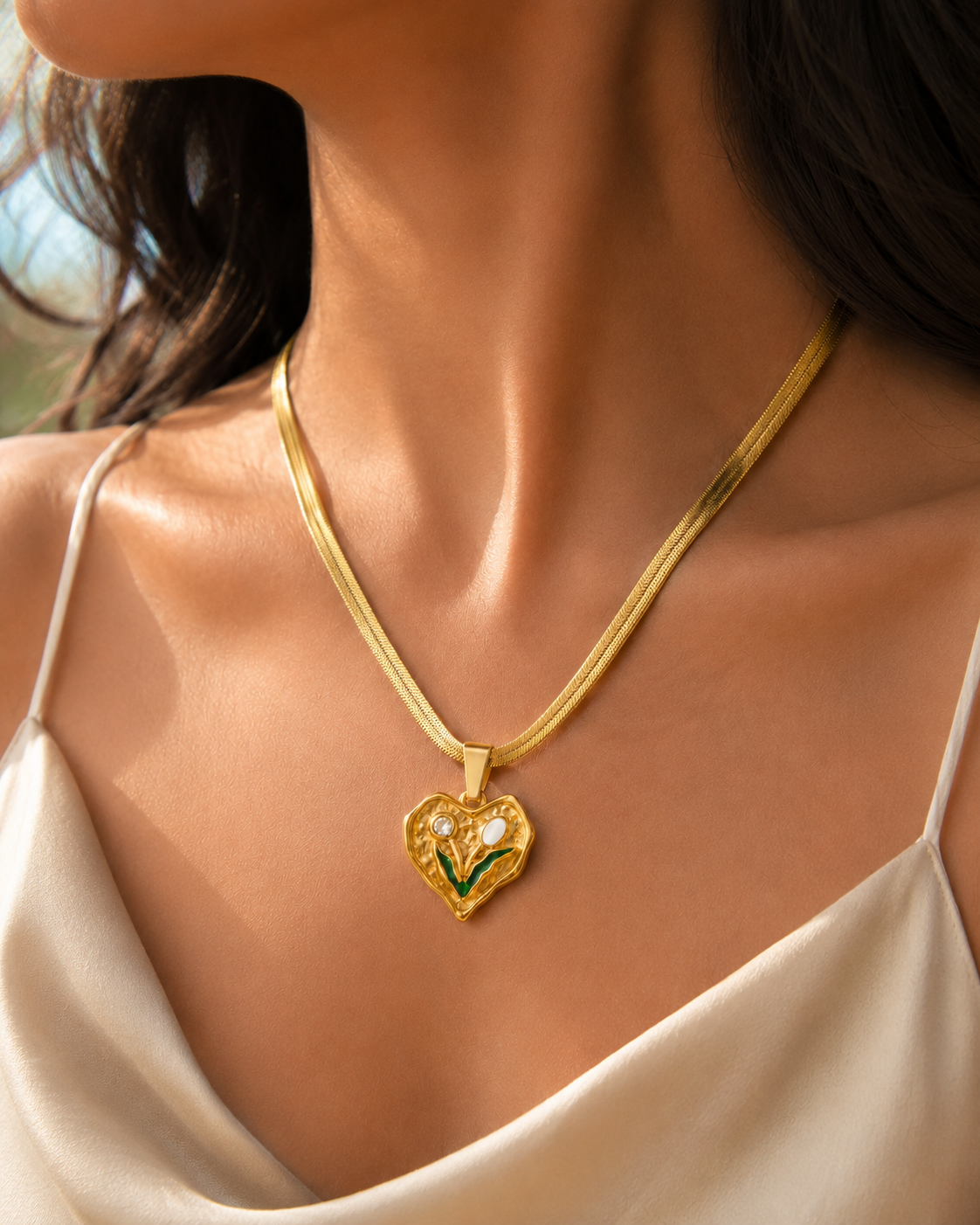 Soft Launch Lily Heart Herringbone Chain Necklace – 304 Stainless Steel Pendant & Chain | PVD Coated
