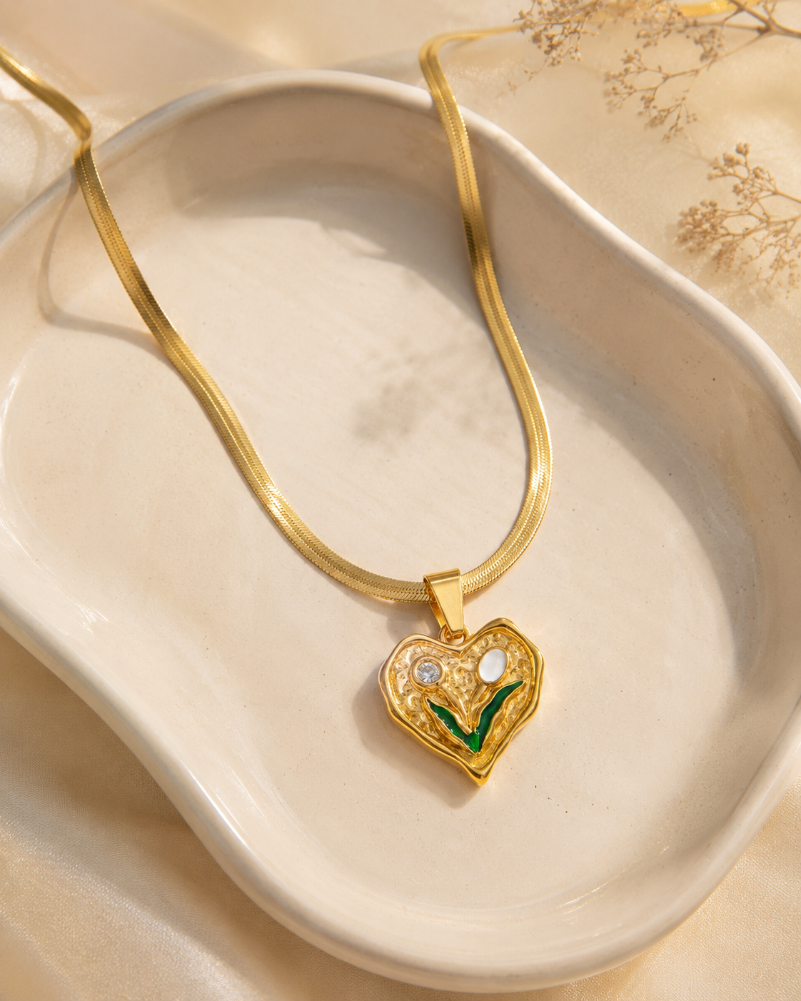 Soft Launch Lily Heart Herringbone Chain Necklace – 304 Stainless Steel Pendant & Chain | PVD Coated