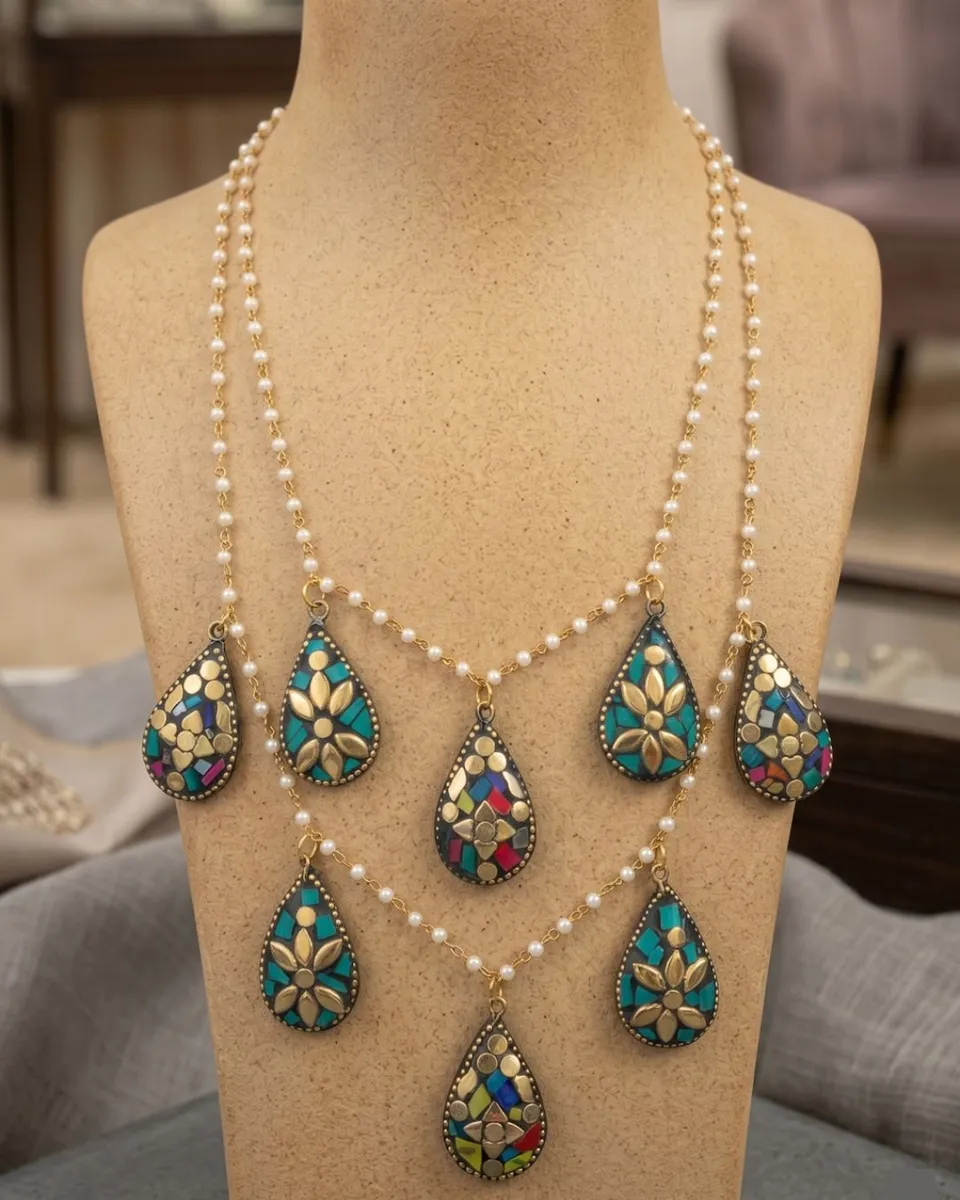 Bohemian Mosaic Teardrop Double-Layered Necklace – Gold-Tone with Faux Pearl Accents for Women and Girls