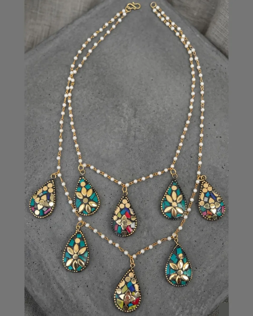 Bohemian Mosaic Teardrop Double-Layered Necklace – Gold-Tone with Faux Pearl Accents for Women and Girls