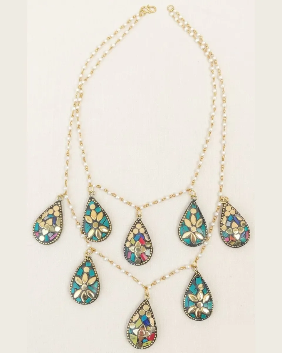 Bohemian Mosaic Teardrop Double-Layered Necklace – Gold-Tone with Faux Pearl Accents for Women and Girls