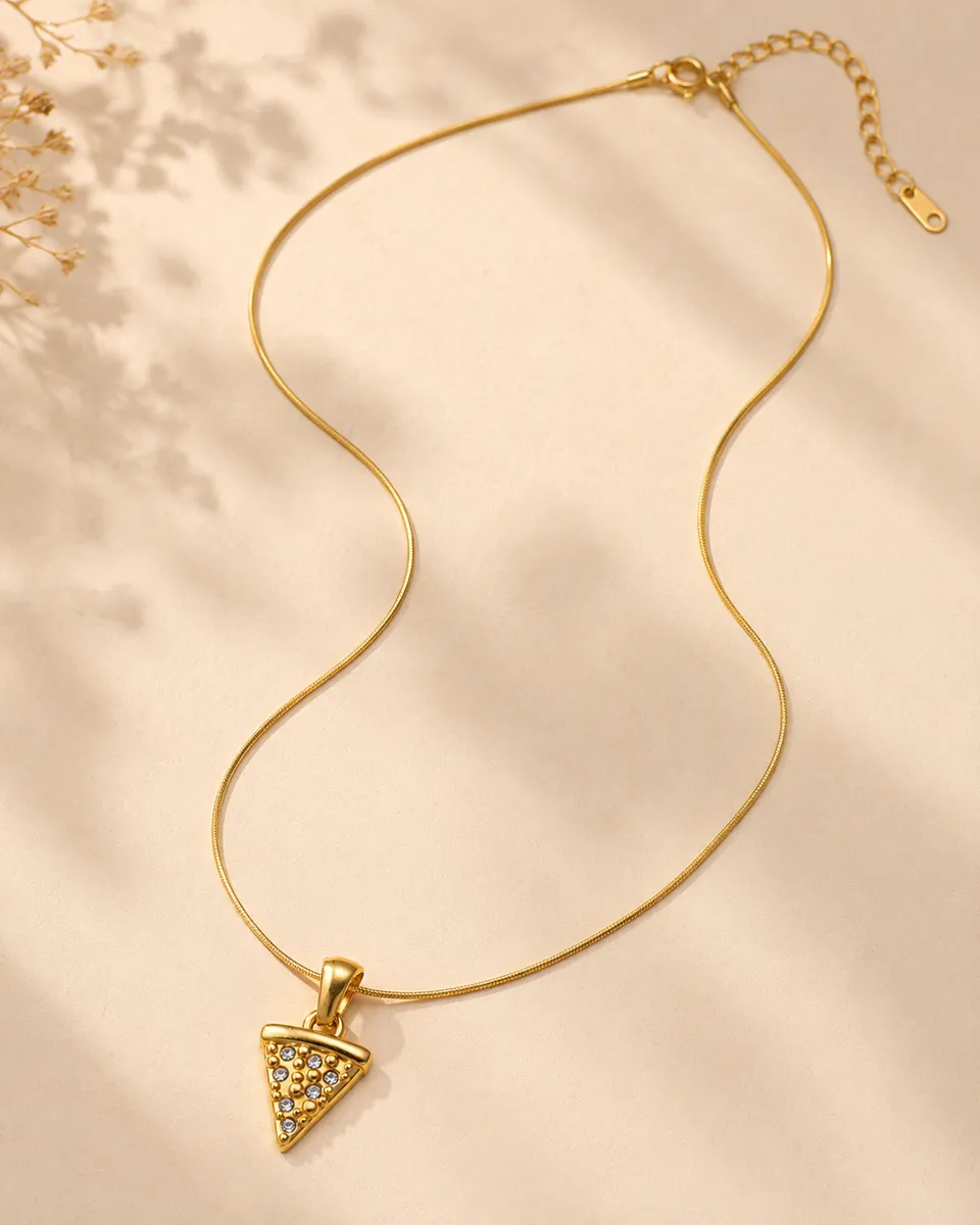 Cheat Day Crystal Pizza Slice Snake Chain Necklace – 18K Gold PVD Plated 304 Stainless Steel with Rhinestone Pavé