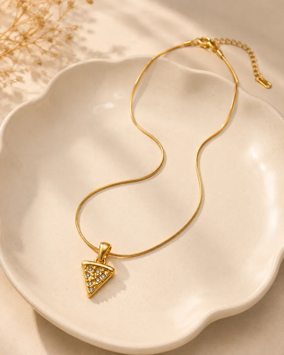 Cheat Day Crystal Pizza Slice Snake Chain Necklace – 18K Gold PVD Plated 304 Stainless Steel with Rhinestone Pavé