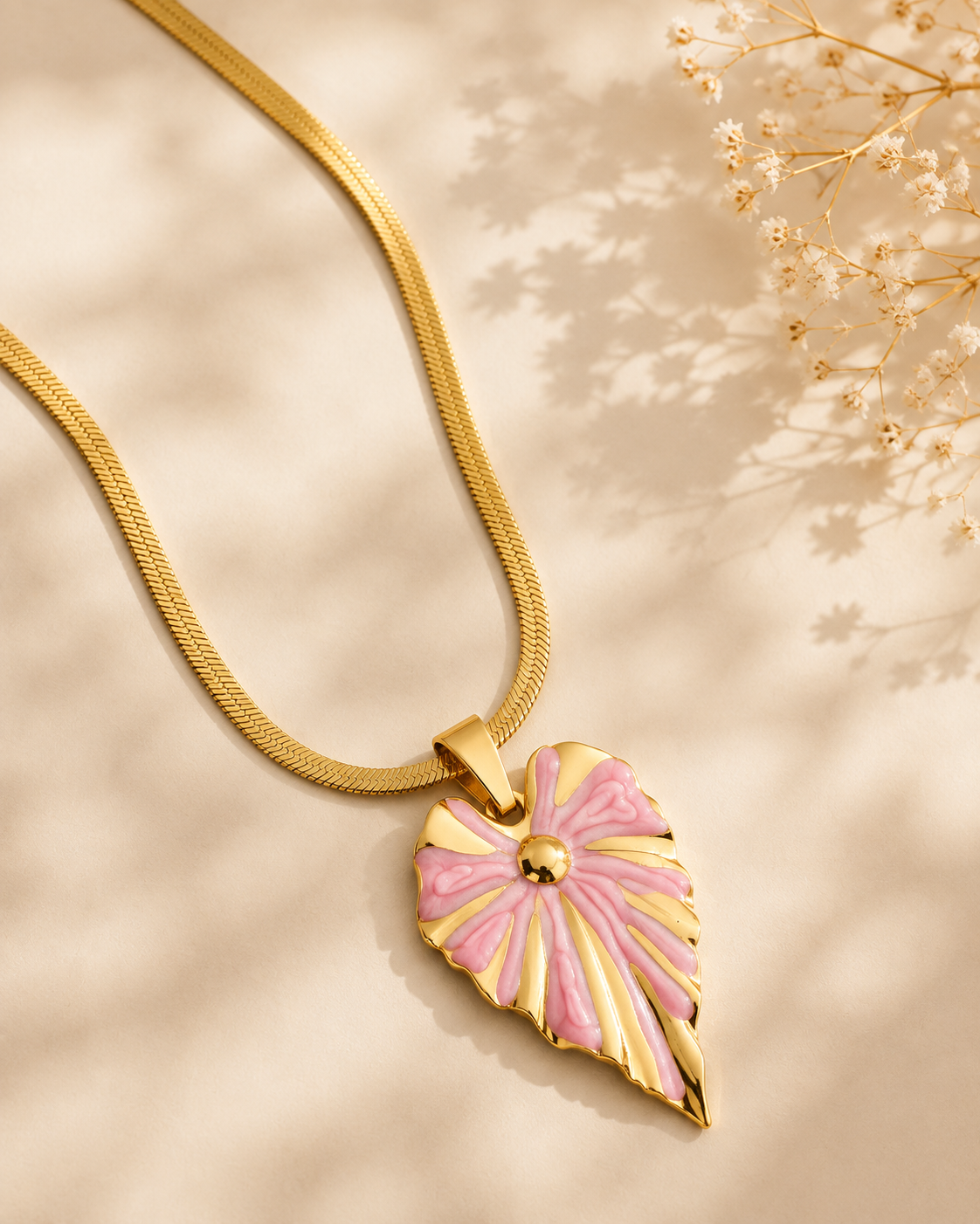 Strawberry Milk Blush Leaf Herringbone Chain Necklace – 18K Gold Plated 304 Stainless Steel with Enamel