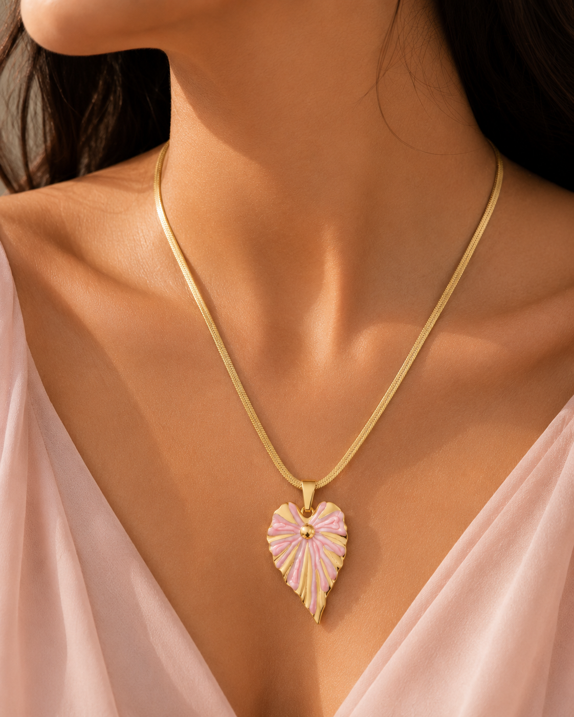 Strawberry Milk Blush Leaf Herringbone Chain Necklace – 18K Gold Plated 304 Stainless Steel with Enamel