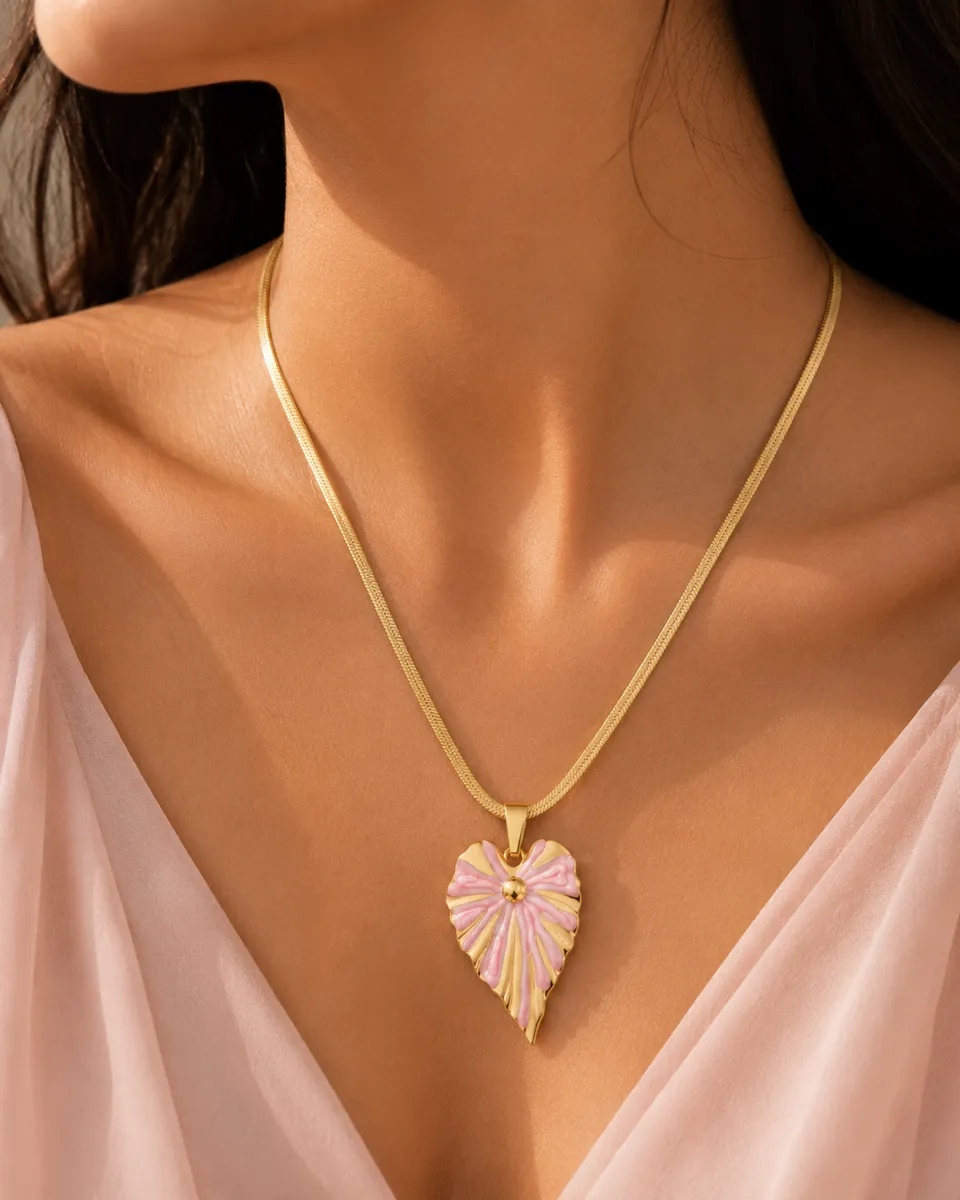 Strawberry Milk Blush Leaf Herringbone Chain Necklace – 18K Gold Plated 304 Stainless Steel with Enamel