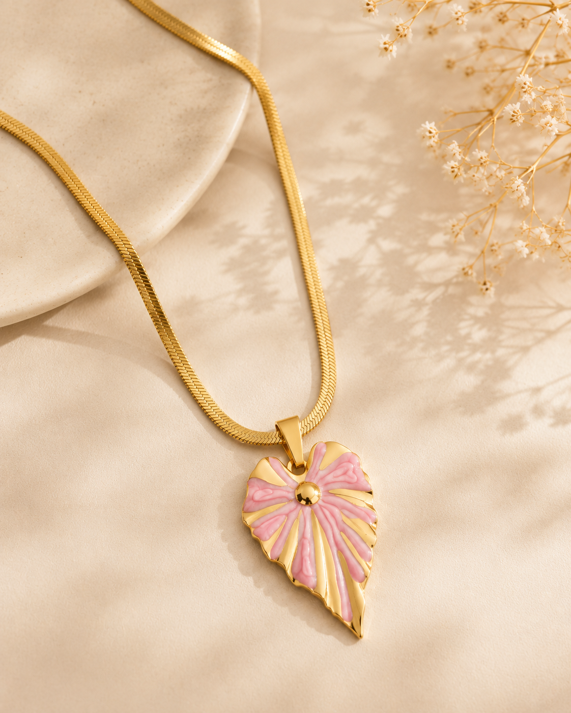 Strawberry Milk Blush Leaf Herringbone Chain Necklace – 18K Gold Plated 304 Stainless Steel with Enamel