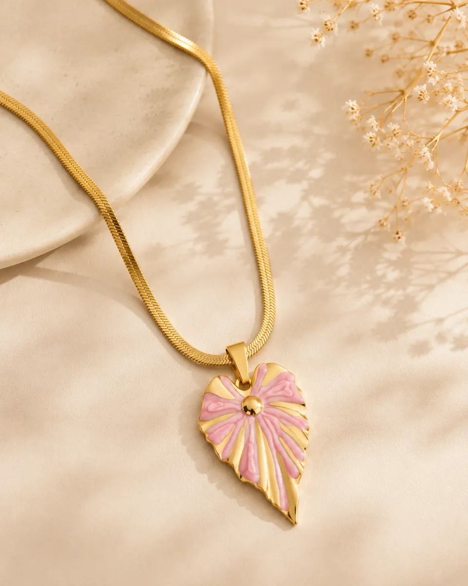 Strawberry Milk Blush Leaf Herringbone Chain Necklace – 18K Gold Plated 304 Stainless Steel with Enamel