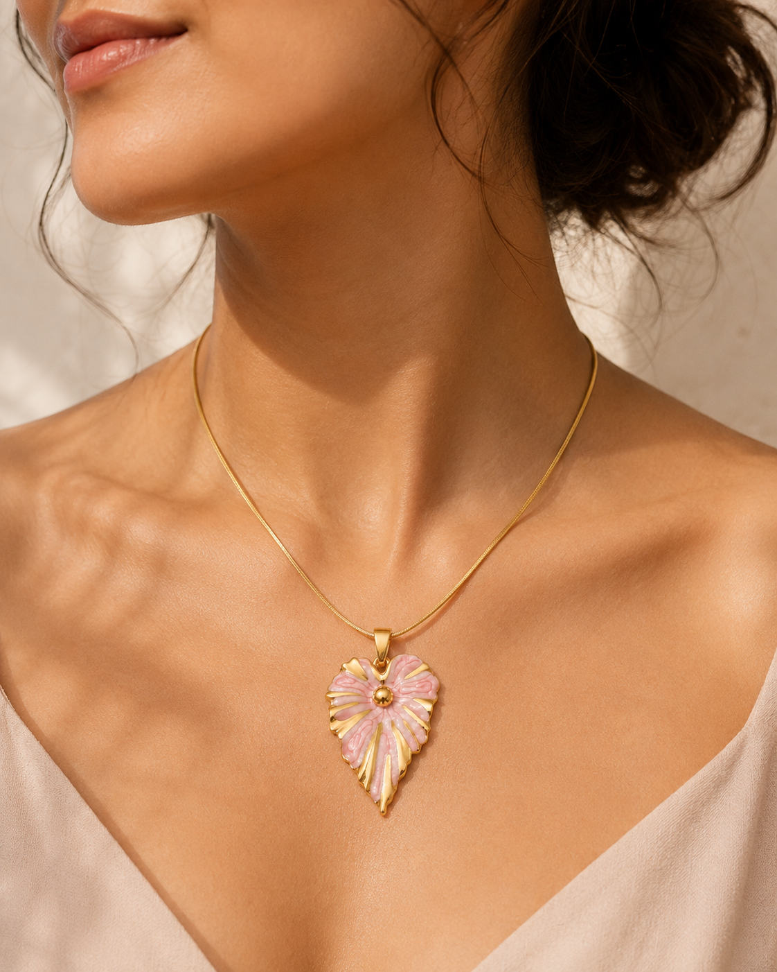 Strawberry Milk Blush Leaf Snake Chain Necklace – 18K Gold Plated 304 Stainless Steel with Enamel