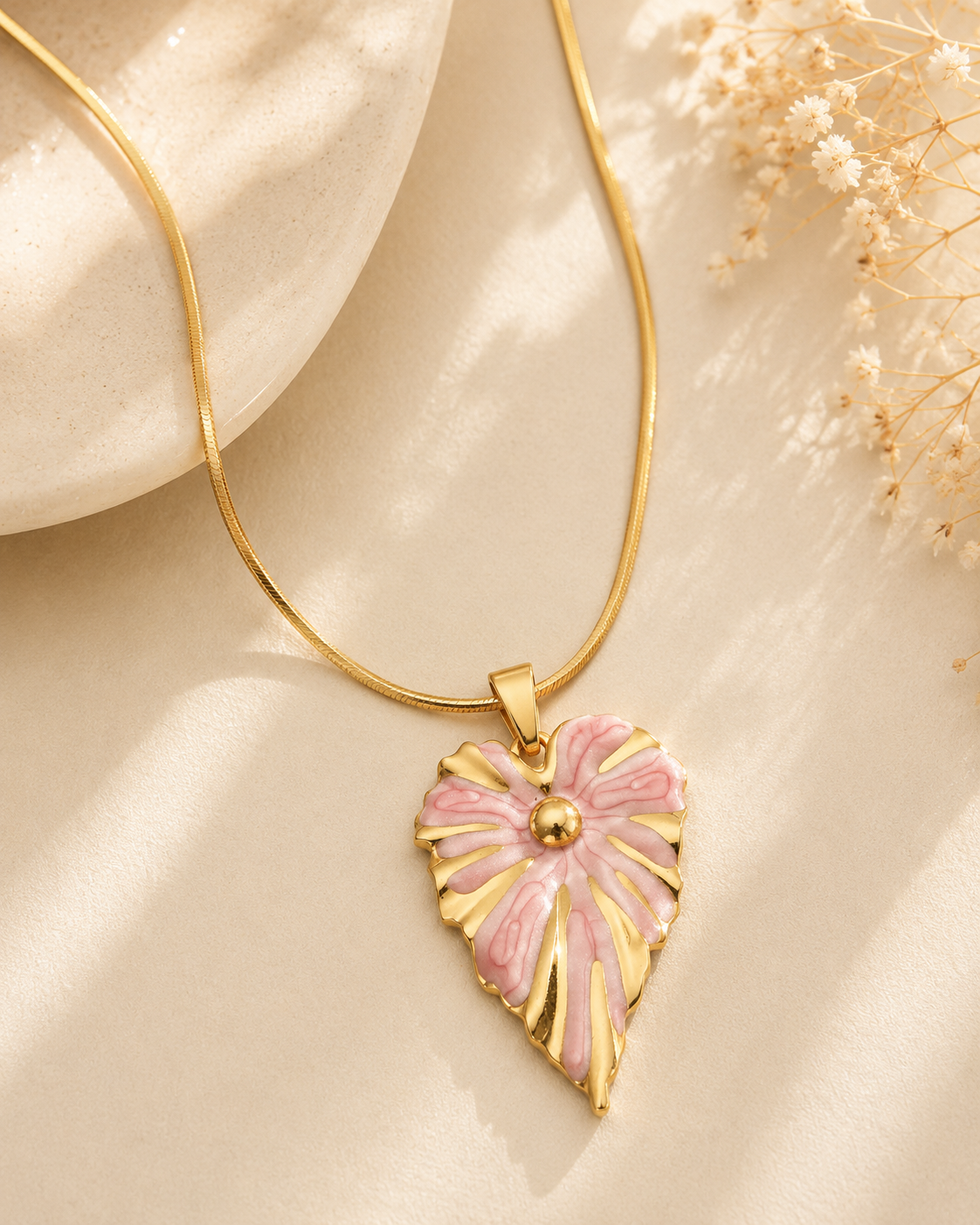 Strawberry Milk Blush Leaf Snake Chain Necklace – 18K Gold Plated 304 Stainless Steel with Enamel