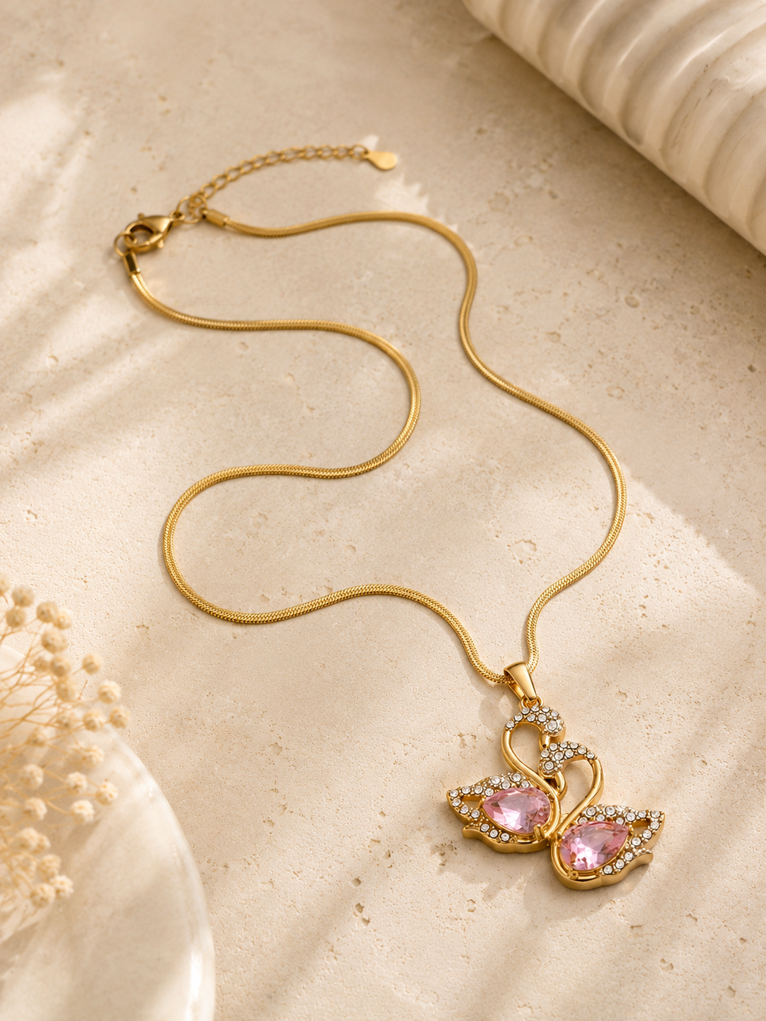 Balletcore Blush Crystal Swan Herringbone Chain Necklace – 304 Stainless Steel with Pink Zircon | Waterproof & Anti-Tarnish