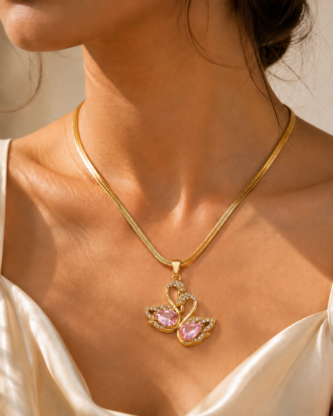 Balletcore Blush Crystal Swan Herringbone Chain Necklace – 304 Stainless Steel with Pink Zircon | Waterproof & Anti-Tarnish