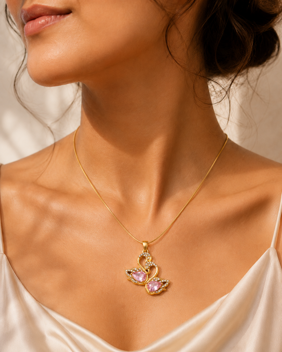 Balletcore Blush Crystal Swan Snake Chain Necklace – 304 Stainless Steel with Pink Zircon | Waterproof & Anti-Tarnish