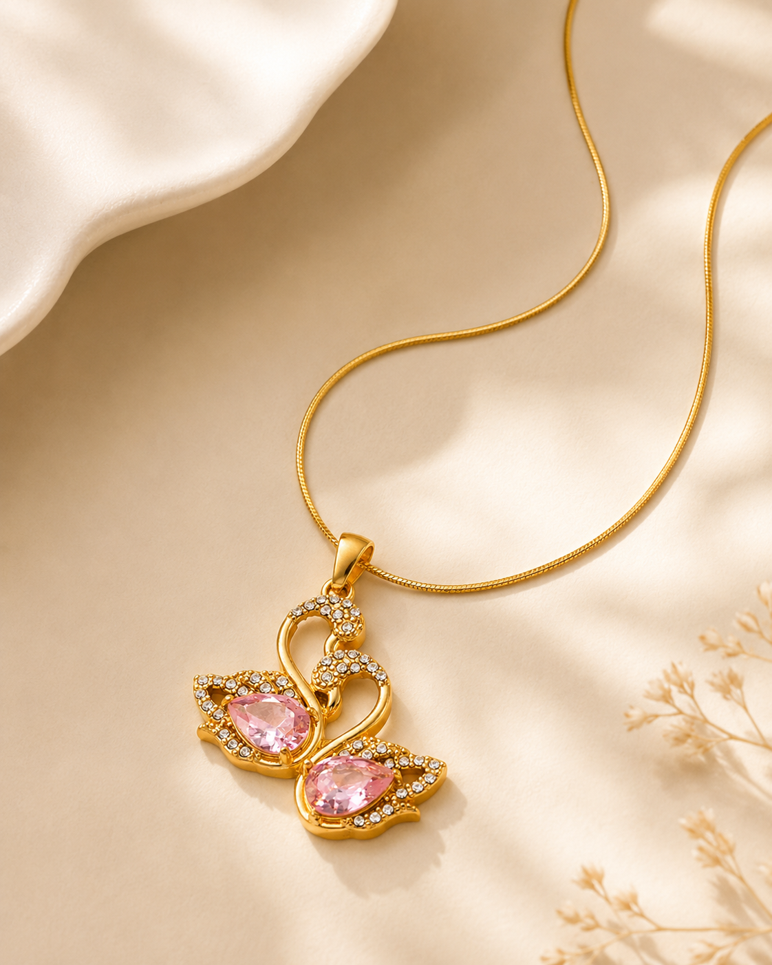 Balletcore Blush Crystal Swan Snake Chain Necklace – 304 Stainless Steel with Pink Zircon | Waterproof & Anti-Tarnish