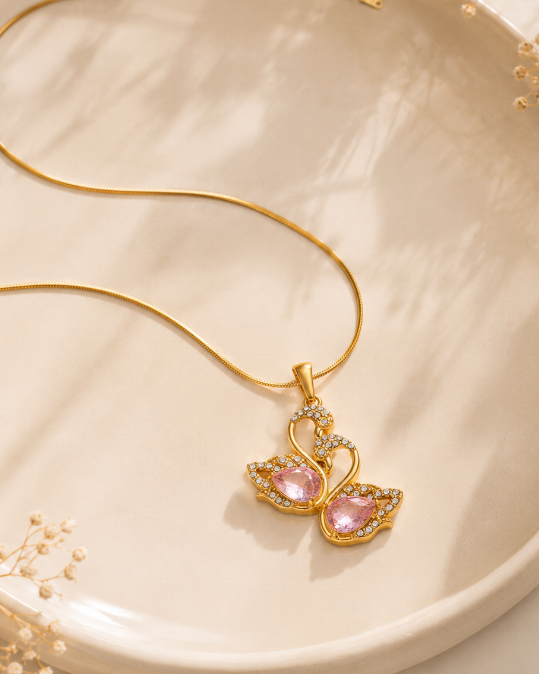 Balletcore Blush Crystal Swan Snake Chain Necklace – 304 Stainless Steel with Pink Zircon | Waterproof & Anti-Tarnish